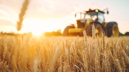 A golden field of wheat bathed in the warm glow of dusk, with a blurred tractor in the distance.  The scene captures the essence of harvest and peaceful rural life.