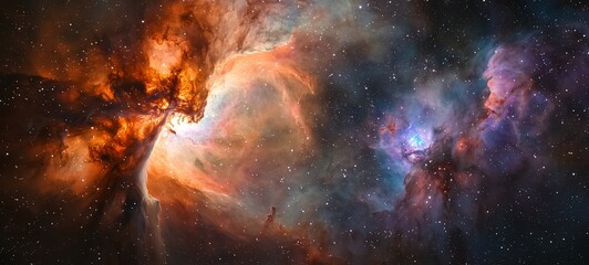 A vibrant nebula swirling with gradient colors, illuminated by distant starlight and sparkling cosmic dust.