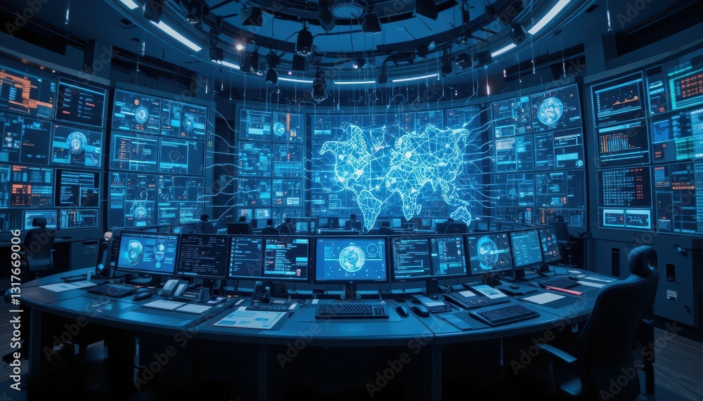 Poster high-tech control room with global data analysis and visualization