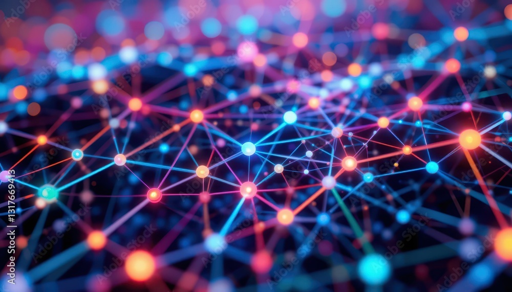 Poster abstract colorful network with dots and lines on dark background