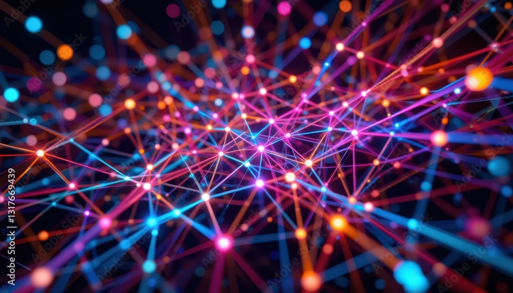 Poster colorful abstract network of lights and connecting lines in digital space