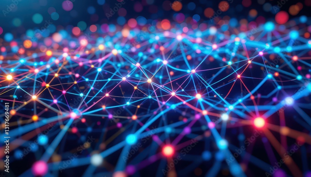 Poster vibrant abstract network of colorful nodes and interconnected lines