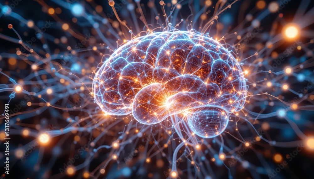 Poster futuristic representation of brain with neural connections and lights