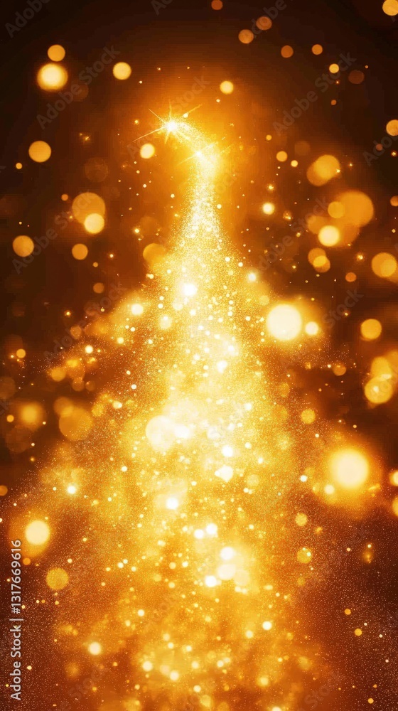 Aufkleber sparkling gold glitter particles forming a christmas tree shape with blurred bokeh effect in the bac