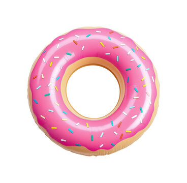 Pink Glazed Donut Pool Float with Colorful Sprinkles and Golden Brown Base, Inflatable Swimming Ring Summer Fun Design Isolated on Transparent and White Background