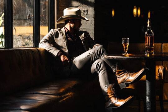 Cowboy enjoying whiskey at a stylish modern bar in low light