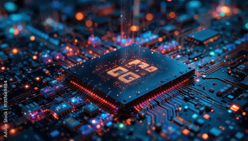 Poster abstract close-up of microchip with colorful circuitry background