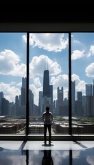 Fototapeta premium Ceo gazing at city skyline from tall glass window, embodying leadership and vision