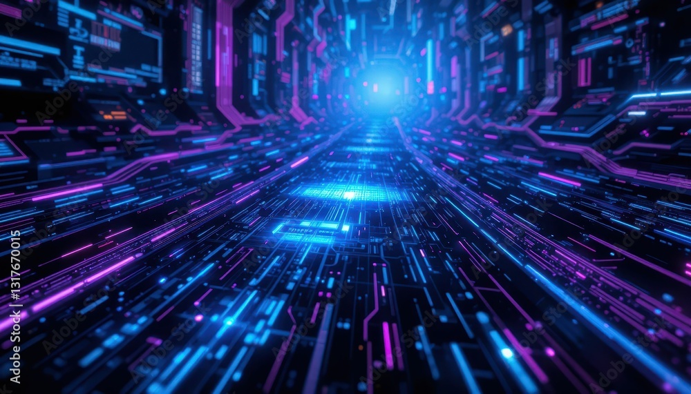 Poster futuristic digital tunnel with neon light and data flow effect
