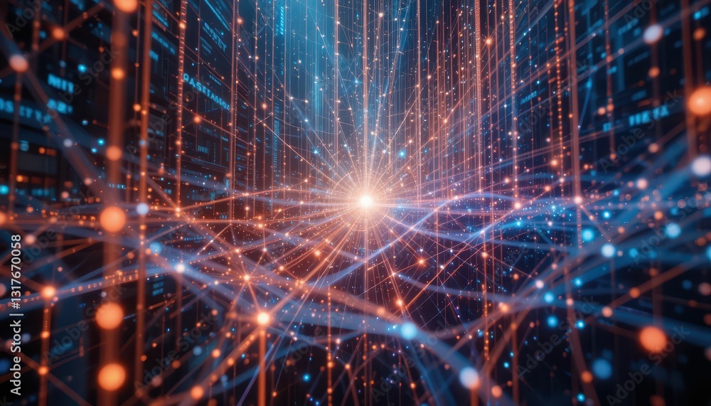 Poster dynamic abstract technology network with light particles and depth