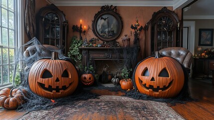 Spooky Halloween decorations carved pumpkins and cobwebs perfect for Halloween marketing and themed events