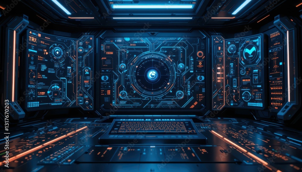 Poster futuristic control room with advanced user interface elements