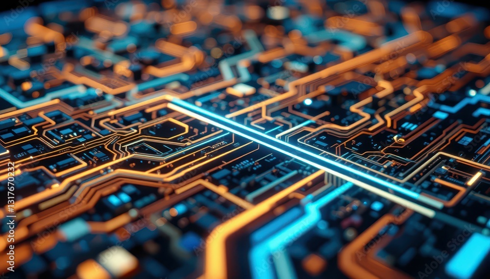 Poster intricate circuit board design with glowing lines and patterns