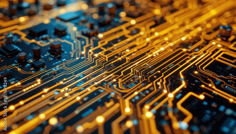 Poster close-up view of circuit board with golden lines and chips