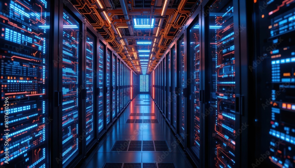Poster futuristic data center corridor with illuminated server racks