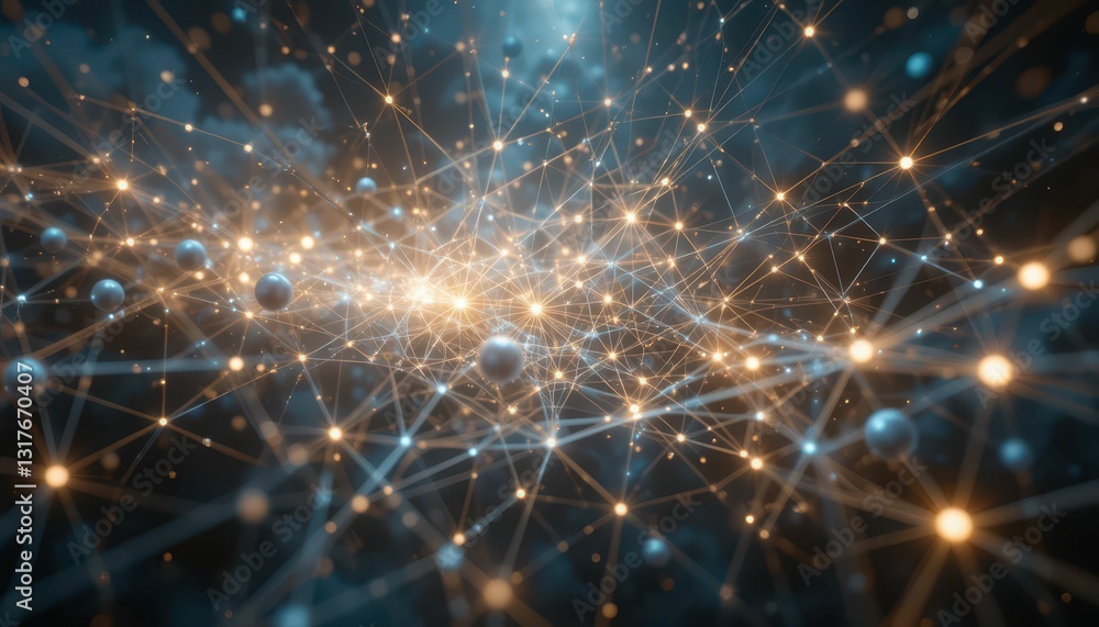 Poster abstract cosmic network of glowing nodes and connecting lines
