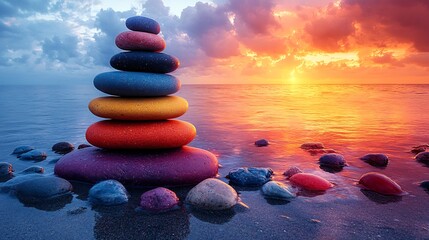Stacked vibrant stones a beach with a breathtaking sunset sky Perfect for showcasing a serene lifestyle wellness nature and mindfulness concepts with room for brand messaging or inspirational quotes