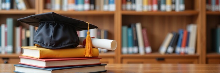 Graduation cap with tassel placed on stacked books alongside a diploma, set against a blurred library background, educational concept of schools or universities