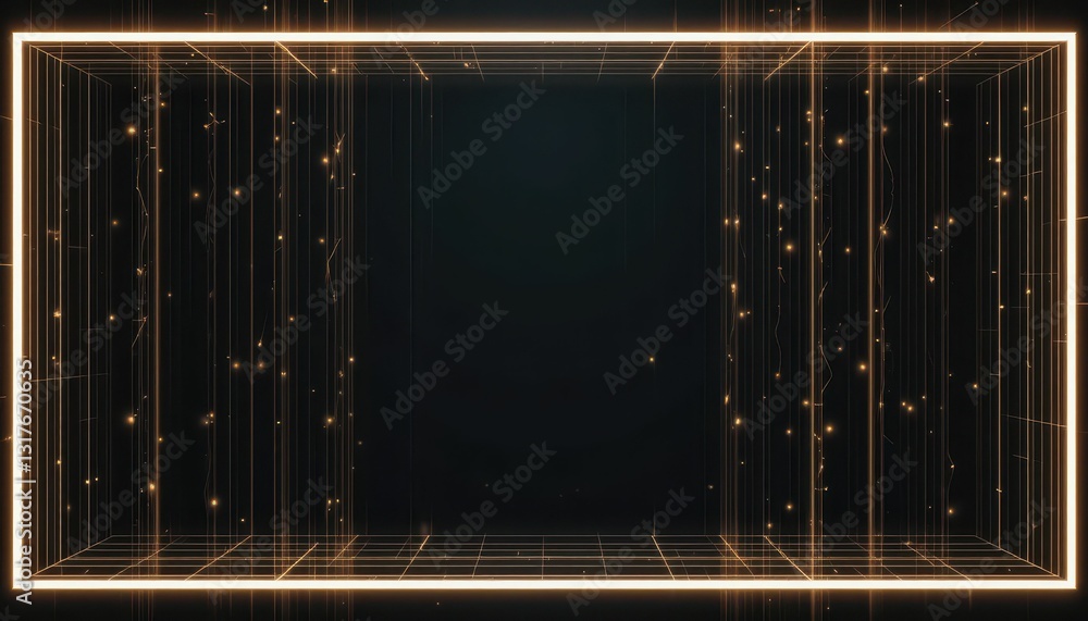 Poster abstract 3d grid with glowing lines and particles on dark background