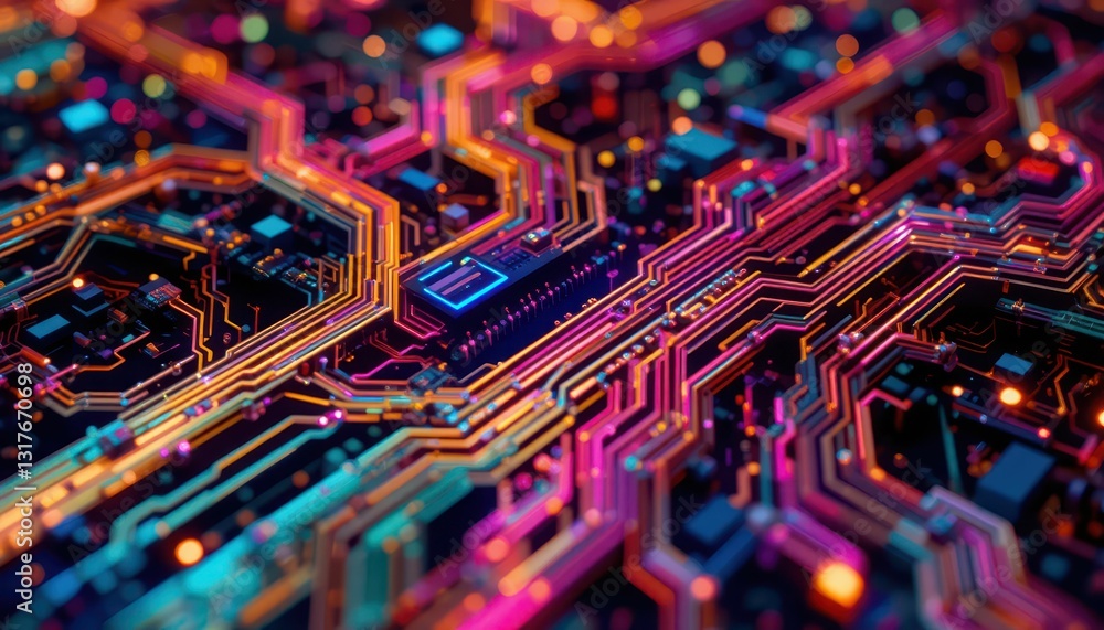 Poster abstract colorful circuit board background with bright lines and chips