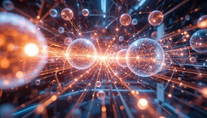 Obraz premium Glowing Spheres and Particles in an Abstract Digital Space