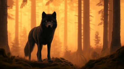 Mystical Wolf in the Wilderness: A striking black wolf stands poised within a dense forest, its piercing gaze meeting the viewer, bathed in an enchanting warm, atmospheric light.