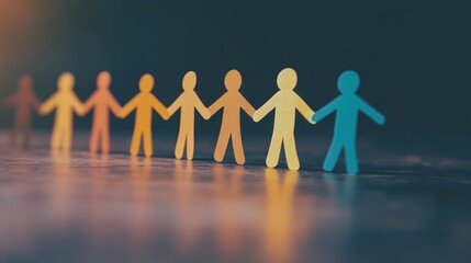 Colorful paper cutouts of people holding hands in a gradient formation, symbolizing unity and diversity against a soft-focus background