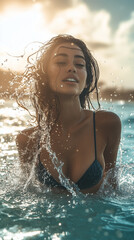 Obraz premium Stunning cinematic shot of a beautiful woman emerging from the crystal-clear ocean, water cascading off her body as she flips her wet hair back, captured in golden sunlight. Perfect for use in adverti