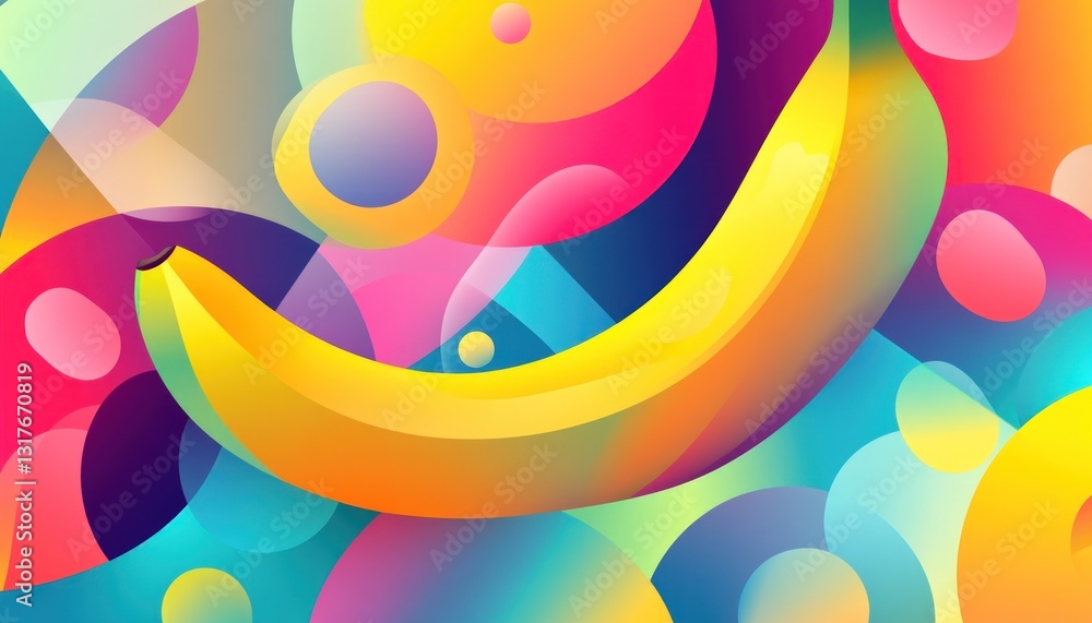 Poster vibrant abstract composition featuring a stylized banana against a multicolored gradient background 