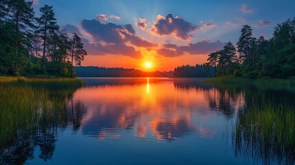 Sunset over calm lake with vibrant sky reflections and trees ideal for nature travel and serenity themes