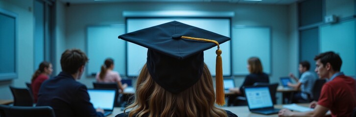 Graduating student wearing a cap and gown, focused on the presentation in a classroom setting with fellow classmates in the background, educational concept of schools or universities