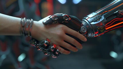 A human hand and a robotic hand engaging in a symbolic shake of cooperation and technology