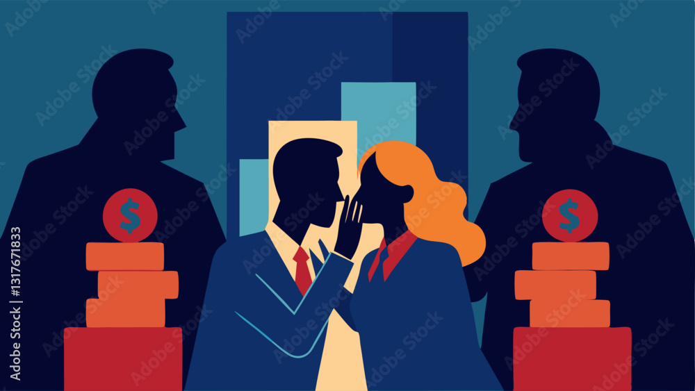 Poster shadowy figures outline of shadowy figures whispering while counting stacks of money with a charity 