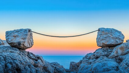 Fototapeta premium Panoramic view of a chain bridging two large rocks on a mountain peak at sunrise or sunset. Frosty, light-gray rocks. Vibrant colors in the sky, from orange to blue. A distant cityscape is visible