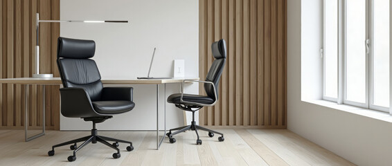 Sleek Office Space with a High-Back Black Leather Chair Facing a Minimalist Desk Set Against a Clean Background