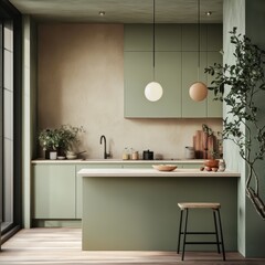 An aesthetically designed modern kitchen area with a bar and plants