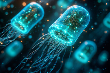 Luminous jellyfish float gracefully in a dark underwater world, emitting glowing blue and green hues, creating a mesmerizing and ethereal ambiance around them