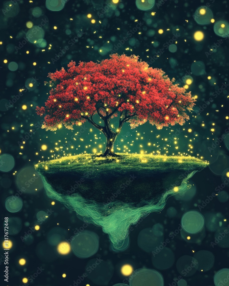 Aufkleber surreal floating island with a vibrant red tree illuminated by golden lights against a dark backgrou