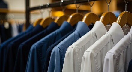 Obraz premium Close-up of neatly arranged shirts hanging on wooden hangers in a store
