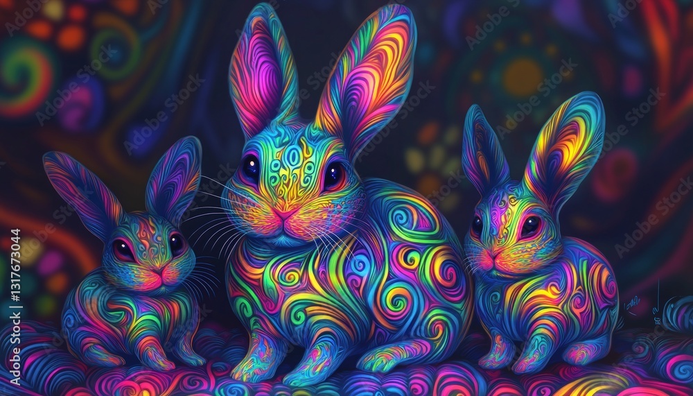 Poster three psychedelic rabbits with intricate patterns in vibrant neon colors on a dark background