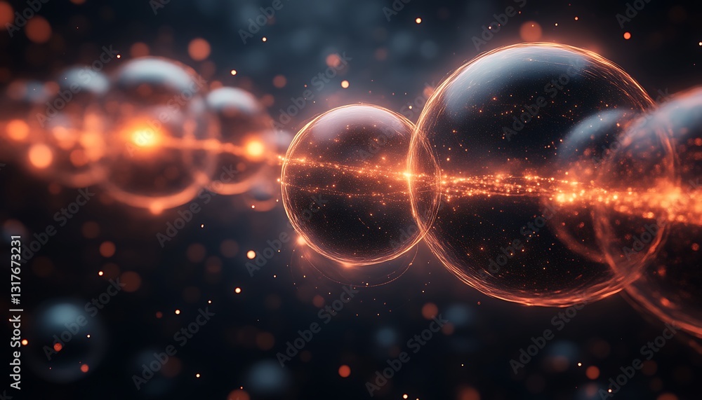 Poster glowing orbs connected by a line of shining particles in space