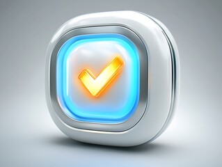 A glossy white and blue icon with a golden checkmark