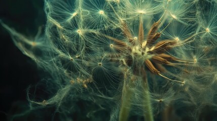 Obraz premium Close-up view of a dandelion seed head with intricate filaments illuminated against a soft, blurred background