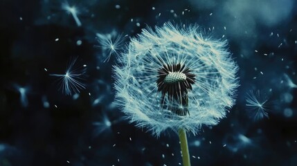 Close-up of a dandelion puff releasing seeds into the air against a blurred blue background, symbolizing nature's resilience