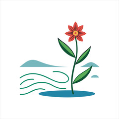  Flower Growing by a Calm Riverbank Line Art Vector