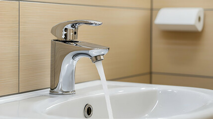 Chrome faucet running water in modern bathroom sink