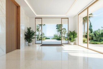Fototapeta premium Bright interior with a view. Indoor plants frame a distant seascape