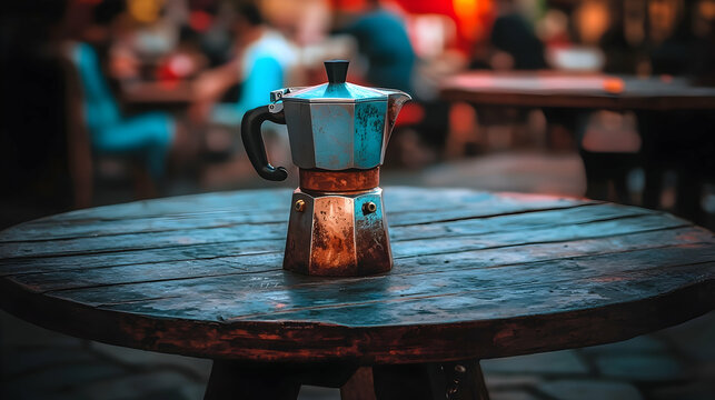 Outdoor cafe, coffee maker,  wooden table, blurred background, evening ambiance; ideal for cafe menus or lifestyle blogs