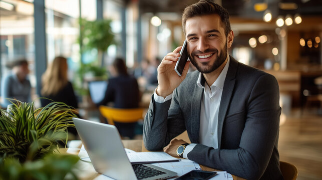 Smiling businessman talking on phone while working in a cafe  