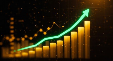 Rising Trends: A luminous green arrow ascends over golden bar graphs and a line graph, signifying financial growth and progress.